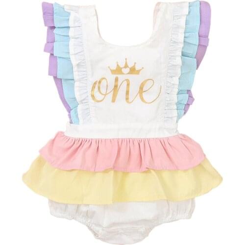 0-18M Newborn Baby Girls One Birthday Bodysuits Ruffles Short Sleeve Rainbow Print Jumpsuits