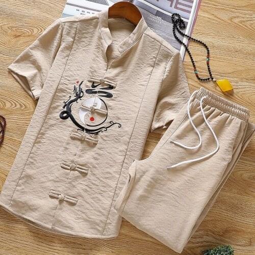 Summer Short Set Chinese Traditional Clothing Embroidery Men Cotton Linen Hanfu Tai Chi Uniform Shirt Pants Kung Fu Set KK3458