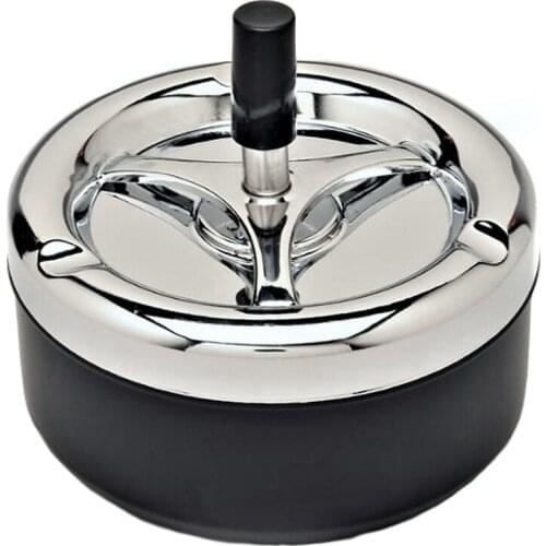 Round Push Down Cigarette Ashtray with Spinning Tray, Black