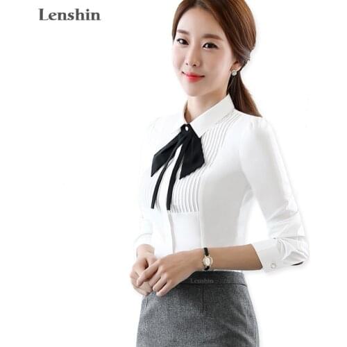 Lenshin White Shirt with Tie Work Wear Long Sleeve Tops Slim Womens Blouses