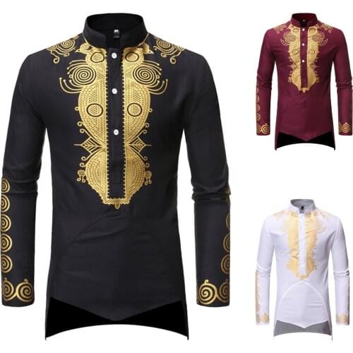 Muslim Men Shirt Islamic Clothes Print Stand Color Tops Kurta National Printed Long Sleeve Shirts Male Folk Hip Hop Streetwear