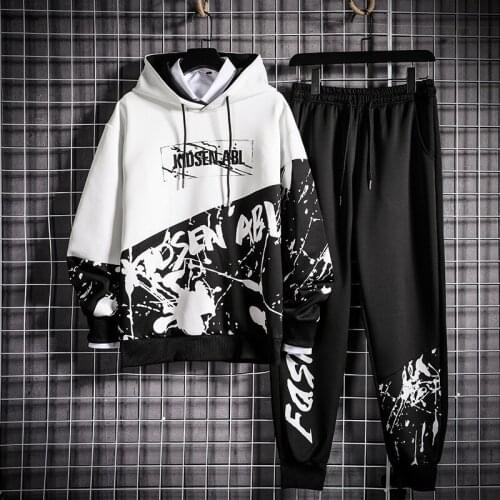 Men 's 2021 Spring Men 's Personality Stitching Street Fashion Brand Men 's Clothing Casual Hooded Sweater Sports Suit Student