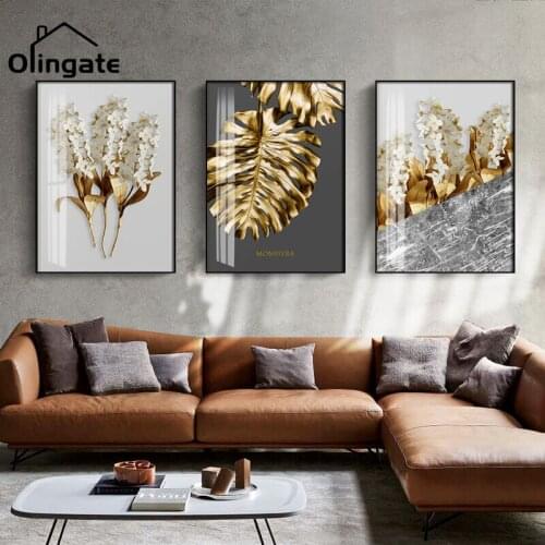 Nordic Golden Feathers Poster Print Abstract Leaf Flower Wall Picture One Piece Canvas Art Home Decor for Living Room Bedroom