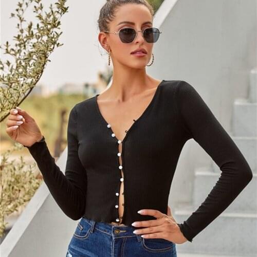 New Womens Black Long-sleeved Shirt V-neck Slim Button Cardigan Lotus Lace Cropped Short T-shirt Autumn Sexy Lady Party Wear