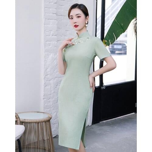 2020 New Long Cotton And Linen Improvement Girl Cheongsam Daily Embroidery Fashion Lady Wind Small Freshing Slim Qipao Dress