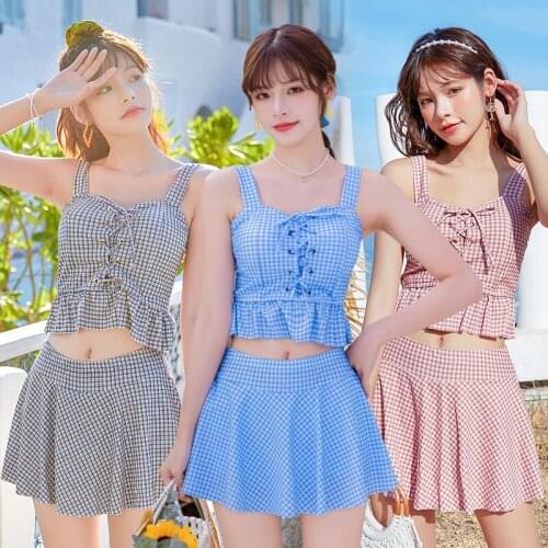 2021 New Korean One Piece Swimsuit Lattice Swimwear Women Push Up Monokini High Waist Bathing Suit Swim Suits Swimming Swimskirt