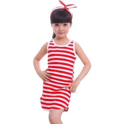 Summer childrens dress fresh stripe long tank dress slim Send hair bandship dress