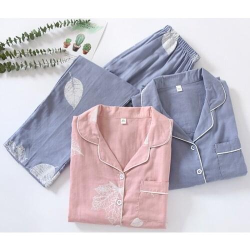 Cotton Homewear Women Pajama Sets 2021 New Summer Thin Double Gauze Long Sleeve Loungewear Suit Leaf Print Female Sleepwear Set