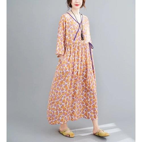 2021V-Neck New Soft Cotton Slim Waist Female Summer Holiday Print Dress Women Three-Quarter Sleeve Casual Dress