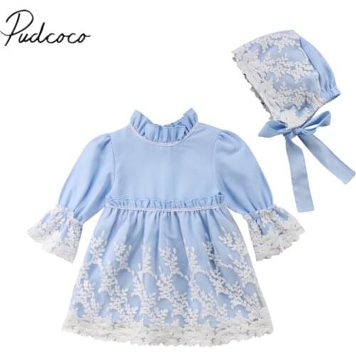 2018 Brand New Princess Toddler Baby Girl Party Dress 2PCS Longsleeve Lace Flower Turtleneck Blue Dress+Hat Floral Chiffon Dress