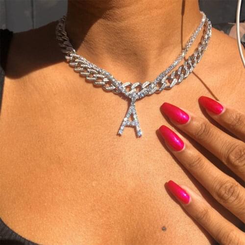 JUST FEEL Bling Rhinestone Letter Necklace Jewelry Unisex Tennis Chain 26 Letters Collares Alphabet Pendants Custom Wholesale