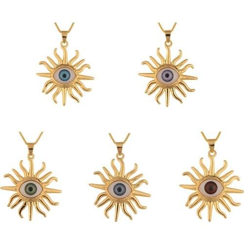 European Simple Sun Flower Shape Evil Eye Pendant Necklace Gold Color Copper Inlay Choker For Female Personality Jewelry Gifts