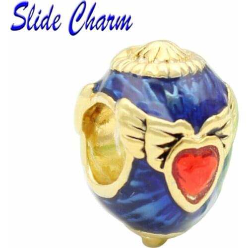 Easter gift DIY big hole beads blue enamel red heart-shaped rhinestones gold wings oval Russian egg charm amulet