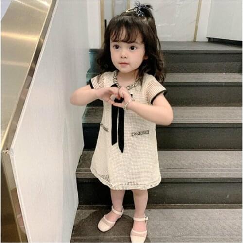 Bow Decoration A-Line Dress for Kids 2020 Summer Clothing Short Sleeve Hollow Out Dress O-Neck Knee-Length Girls Dresses