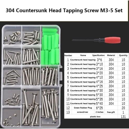 DIY Box Phillips Head Screws6-40mm,Green rubber plug,Screwdriver,304Stainless steel Countersunk Head Tapping Screw M3-5Set131pcs