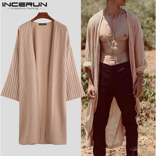 INCERUN Autumn Striped Men Trench Cardigan Long Sleeve Loose Cloak Streetwear Vintage Jackets Casual Men Longline Outerwear Coat