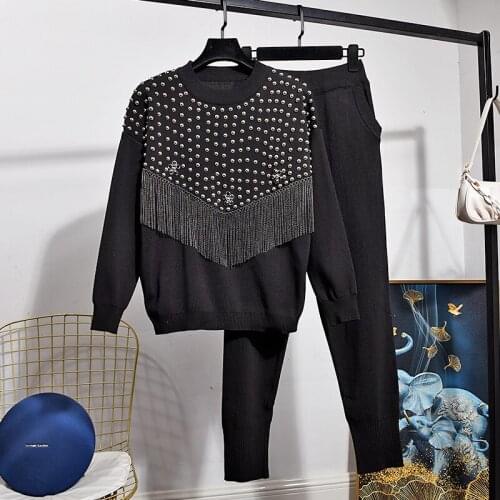 Spring Women Knit Tracksuit Set Rivet Chain Tassel Sweater Pencil Pants Two Piece Outfits Female Loose Casual Black Knitted Suit