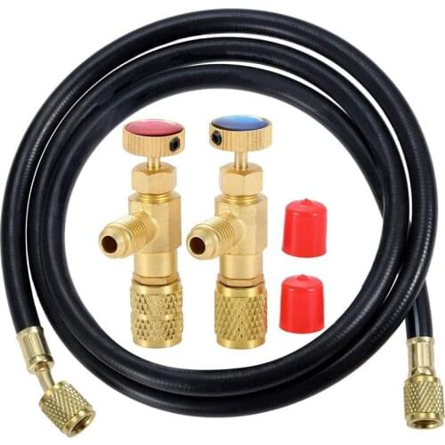 R12 R410 Refrigerant Charging Valve,with 59inch R410A AC Refrigerant Hoses, Safety Adapter Flow Control Ball Valve