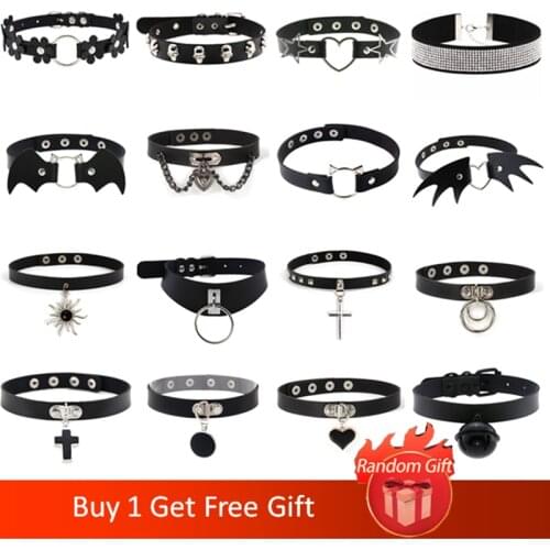 Hot Sale Harajuku Black Goth PU Leather Choker Necklace Women Punk Geometry Hip Hop Metal Pendant Necklaces Couple Jewelry Gifts