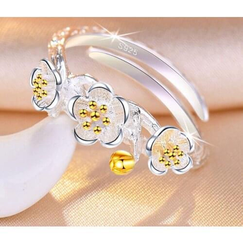 925 New Fashion Personality Adjustable Small Fresh And Simple Texture Pattern Plum Blossom Finger Ring Design For Women Jewelry