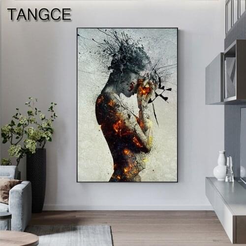 Abstract Explosion Fire Girl Canvas Painting Nordic Poster Print Big Wall Art for Living Room Cool Gothic Tableaux Cuadros Salon