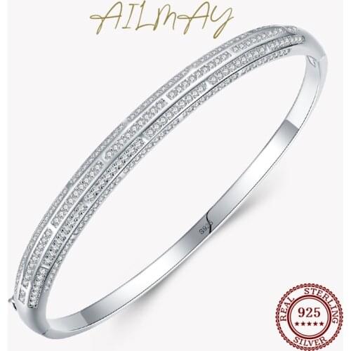 Ailmay Genuine 925 Sterling Silver Classic Luxury Round Clear CZ Bracelets For Women Classic Luxury Wedding Accessories Jewelry