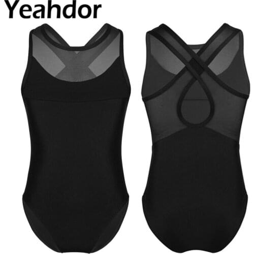 Girls Mesh Splice Ballet Leotards Jumpsuit Sleeveless Criss-cross Cutout Back Kids Gymnastics Leotards Child Swimwear Bodysuit