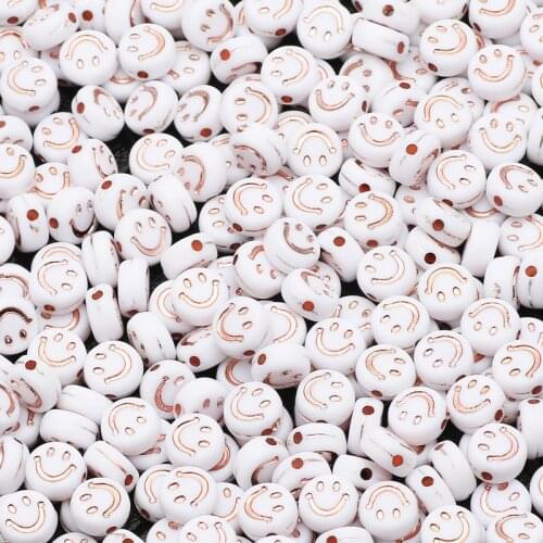 White Rose Gold Smiley Acrylic Beads Round Flat Loose Spacer Beads For Jewelry Making Handmade Diy Bracelet Necklace Accessories