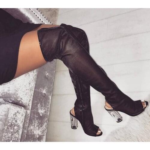 Mesh Transparent PVC Sexy Black Open Toe Thigh High Boots Clear Thick Heel Gladiator Sandal Booties Women Summer Shoes