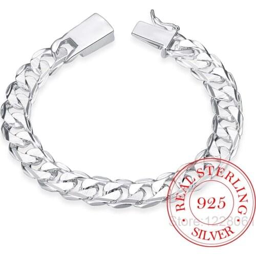 925 Sterling Silver 10MM Square Buckle Nice Jewelry Men Bracelet 20CM Sideway Link Chain Bracelet Male Bangle Pulseiras De Prata