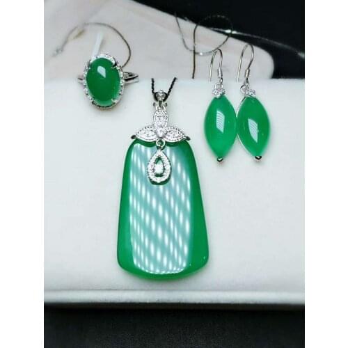 C18#925 silver inlaid natural chalcedony set, the jade face is clean and translucent