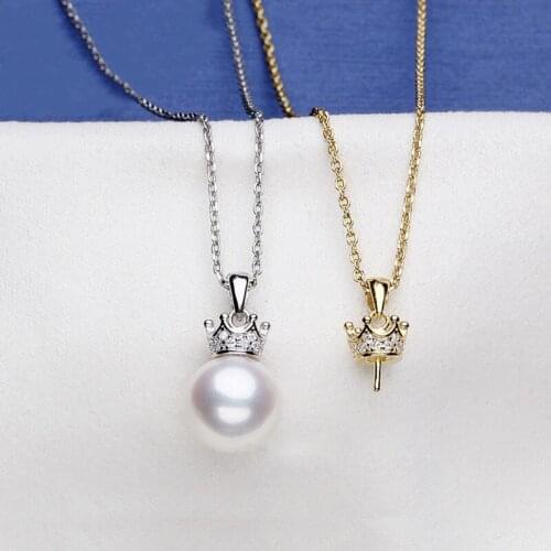 8MM White Shell Pearl Real S925 Chain Round Zircon Crown Pendant Necklace
