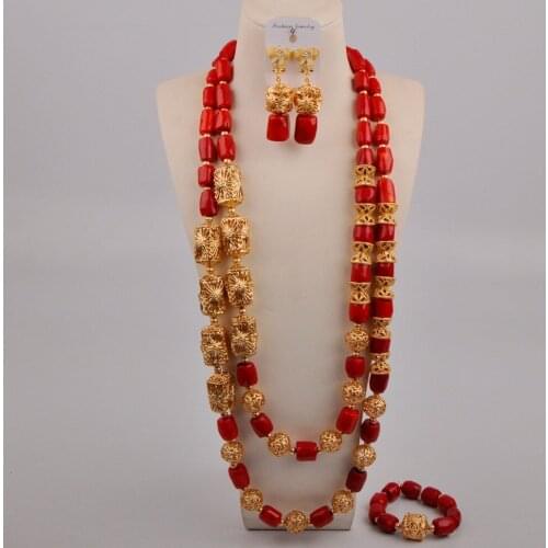 Long Red Coral Beads Necklace for Men Women African Jewelry Set Dubai Gold Nigerian Bridal Jewelry Sets