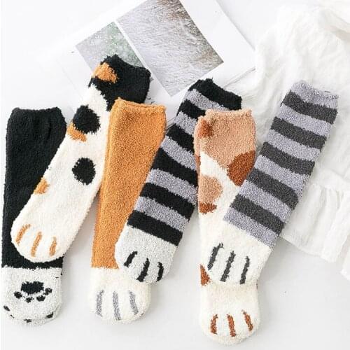 3 Pairs Womens Winter Warm Cat Paw Socks Cute Cartoon Animal Soft Velvet Funny Sock Kawaii Fashion Floor Fuzzy Fluffy Socks
