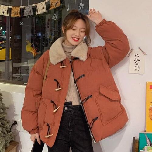 Autumn Winter 2021 New Cotton Coat Women Casual Loose Stylish Student Horn Button Fur Collar Thick Warm Outer Wear Jacket JD1736