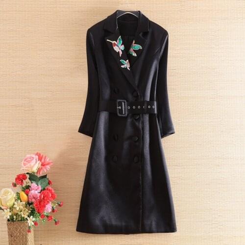 Trench Coat For Women Belt Slim Embroidery Fashion Coat High-end Women Beadiing Outerwear Female S-XL