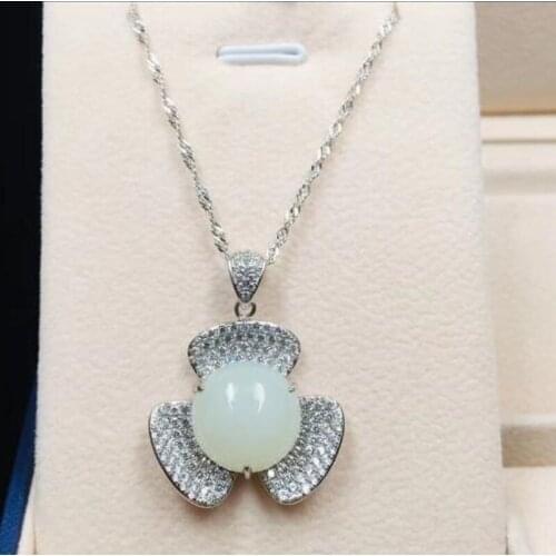 Natural Hetian Jade Pendant 925 Silver Flower Necklace for Transfer Jewelry As Christmas Gift