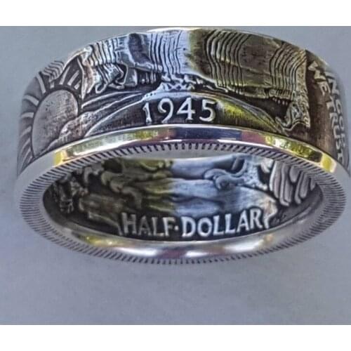 Silver Plated Handmade Coin Ring Retro Morgan Half Dollar 1945 Carving "United States of America" Ring Jewelry Size 5-13 "