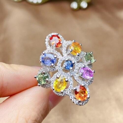 Luxurious Sapphire Ring for Party 9 Pieces Natural Sapphire Silver Ring 925 Silver Multi-color Sapphire Rin