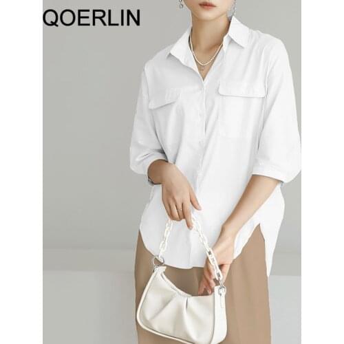 QOERLIN Pockets Short Sleeve Shirt Female Temperament Loose Retro Single-Breasted Solid White Blouse Summer New 2021 Tops Blusas