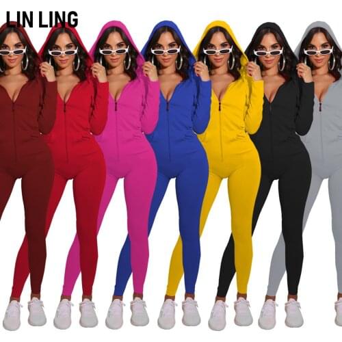 LINLING Sportswear Hat Front Zipper Slim Jumpsuit with Pocket Solid Color Long Sleeve Leisure Fitness Workwear