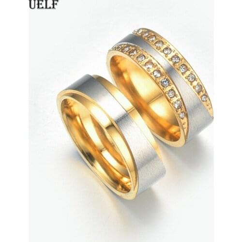 Uelf Gold Color Wedding Bands Ring for Women Men Jewelry Stainless Steel Engagement Ring Couple Anniversary Gift