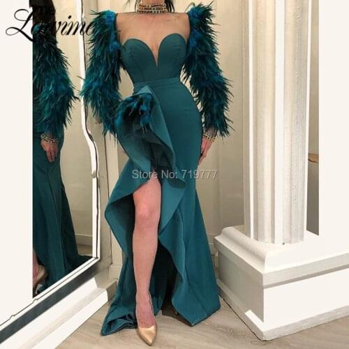 Mermaid Evening Dresses Feather Prom Dress Abendkleider With Beaded Illusion Neckline Abiye Gece Elbisesi Wedding Party Gowns