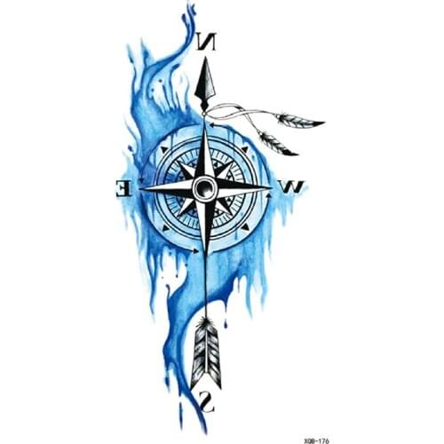 Watercolor Blue Compass Temporary Tattoos for Women Men Girl Big Size Waterproof Tatoo Body Transfer Tattoo Fake Tatto Stickers