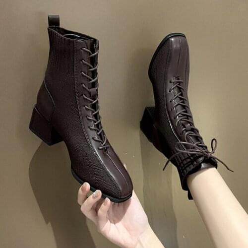 Women& Mid Calf Boots Autumn Shoes Round Toe Winter Footwear Flat Heel Mid-Calf Leather Stockings 2021 Low Rubber Ladies Fabr