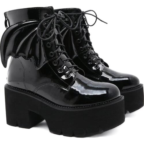 Women Demon Wings Leather Boots Block Heel Gothic Black Punk Style Platform Shoes Female Footwear High Quality Motorcycle Boots