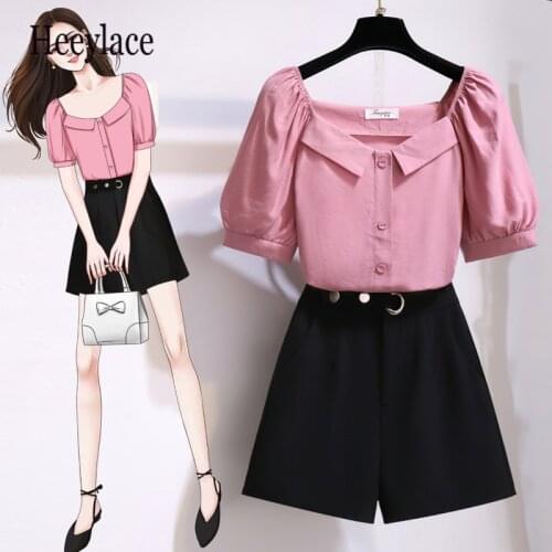 Office ladies slim 2 pieces shorts sets summer Sweet Korean solid top and shorts 2 pieces sets women clothing two pieces outfits