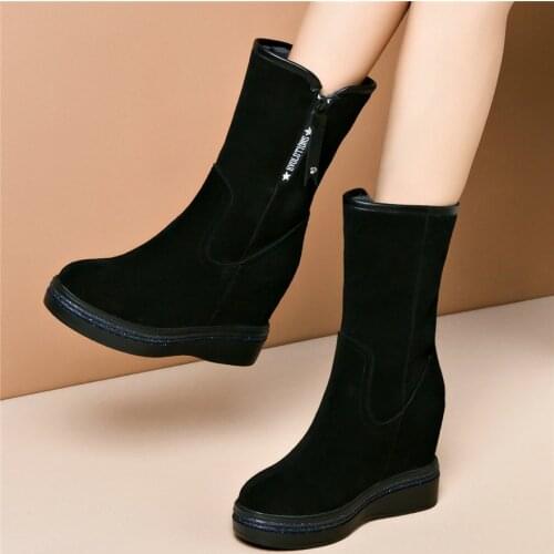 Women Genuine Leather Wedges High Heel Platform Pumps Shoes Female Winter Warm Fur Snow Boots Hi-Top Round Toe Fashion Sneakers