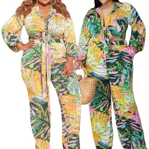 Two Pieces Sets Women Clothing Long Sleeve Tops + Wide Leg Pants Vintage Tracksuit Printed 2 Piece Set Beach Wear plus size