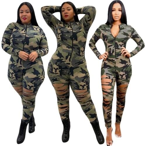 Sexy Lady Plus Size S-5XL Camouflage Jumpsuit For Women Elastic Cut Out Hollow Zipper Up One Piece Overall Romper Outfit